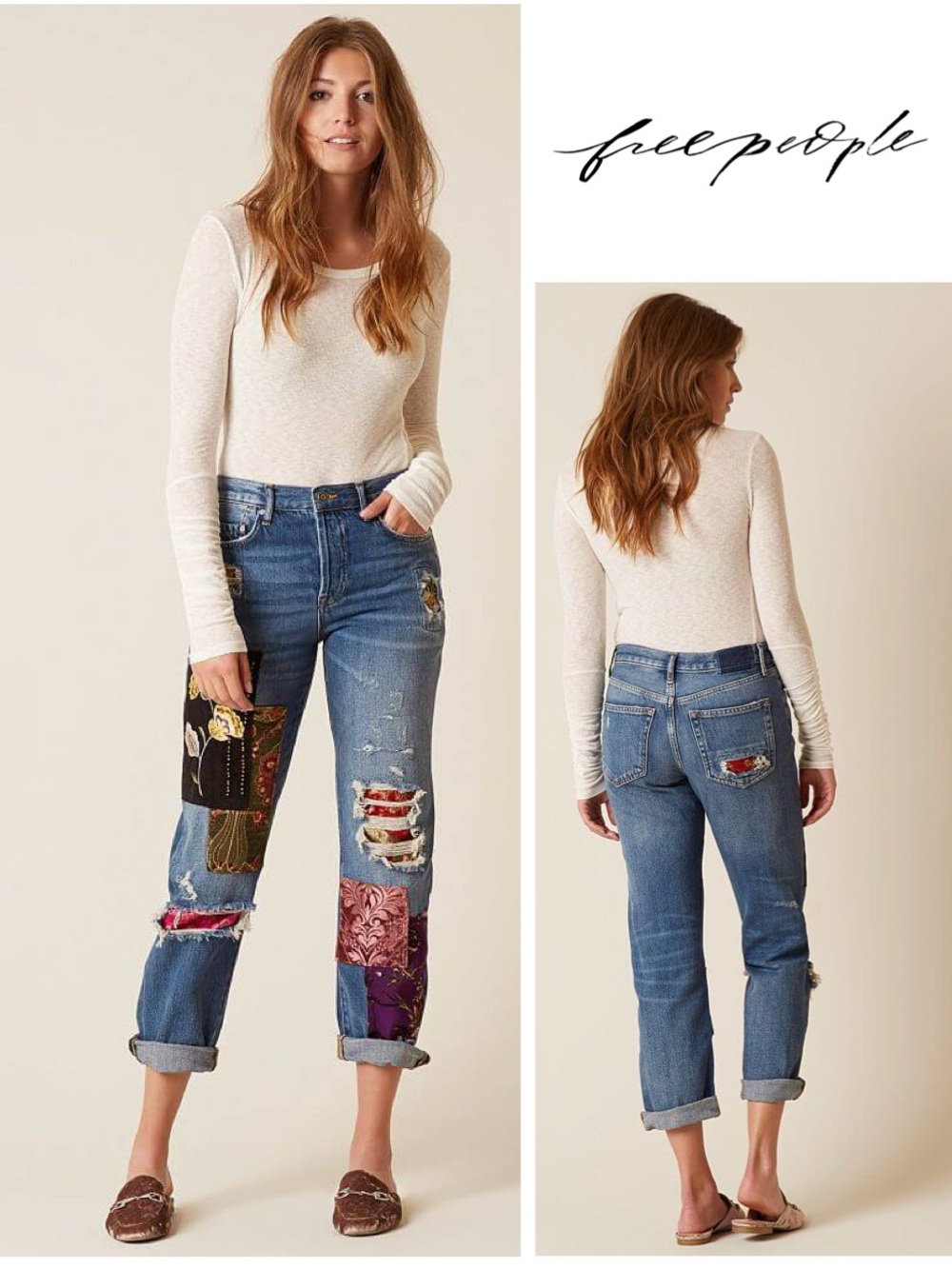 We The Free Lux Distressed Blue Patchwork Boyfriend Jeans